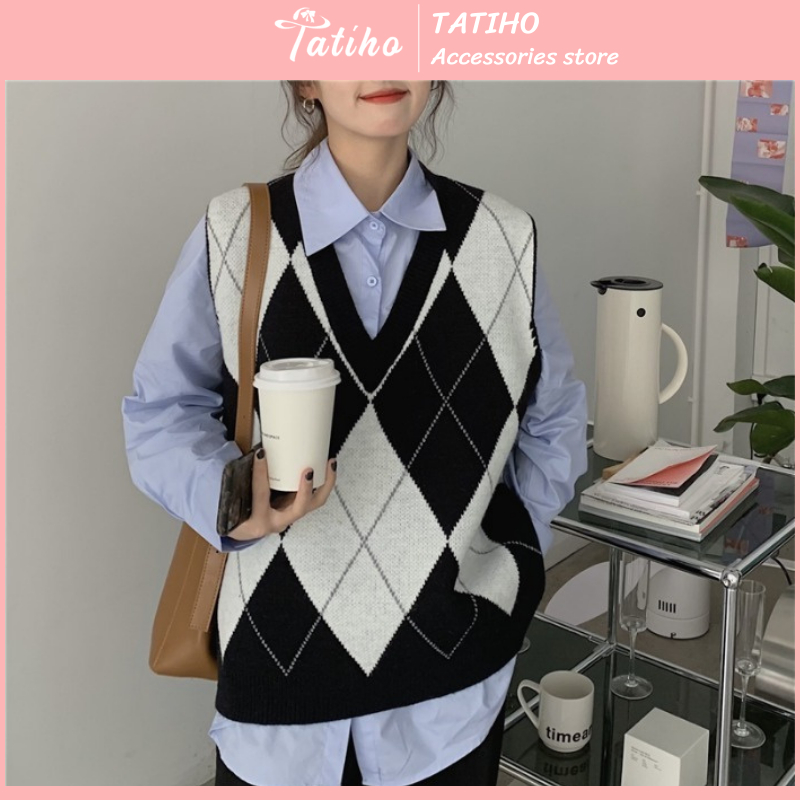 Áo gile len dệt kim dáng rộng cổ v phối hình thoi caro phong cách hàn quốc thời trang thu đông - tatiho - mã ta050