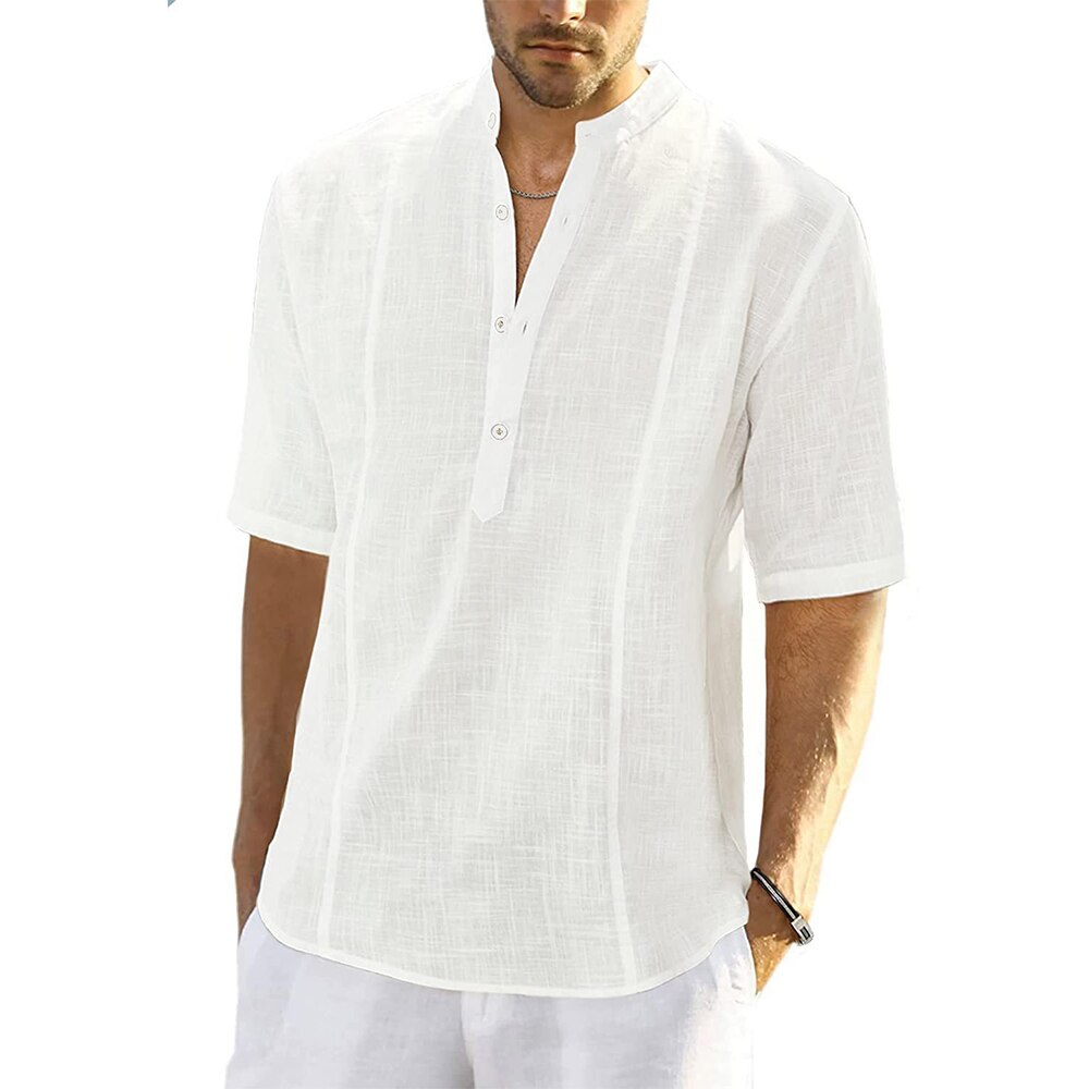 Áo thun nam thường ngày cổ đứng áo blouse vải lanh cotton áo tay ngắn thời trang rộng