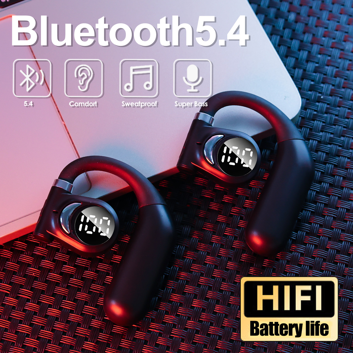 【Pphha】 2 chiếc tai nghe Màn hình hiển thị kỹ thuật số Bluetooth 5.4 tai nghe rảnh tay không dây Tai nghe có tai nghe thể thao Micro Cáp dữ liệu Type-C