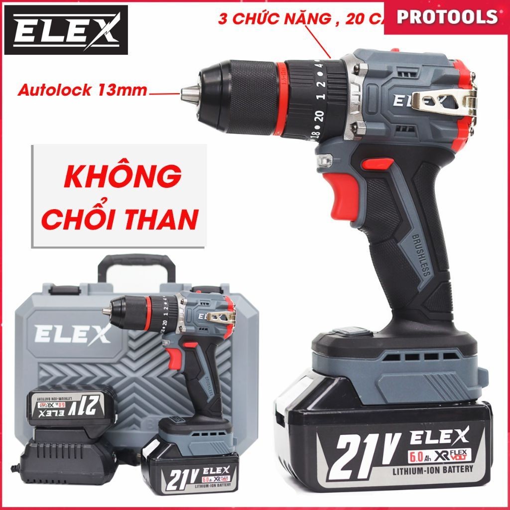 Máy khoan pin 13MM ELEX EL-ID1365BL không chổi than Chuyên khoan bê tông khoan tường sắt gỗ bắt vít