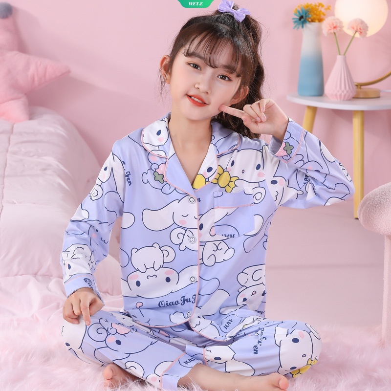 SANRIO Bộ Đồ Ngủ Pijama Tay Dài In Họa Tiết Hoạt Hình Cinnamoroll Kuromi Đáng Yêu Dành Cho Trẻ Em