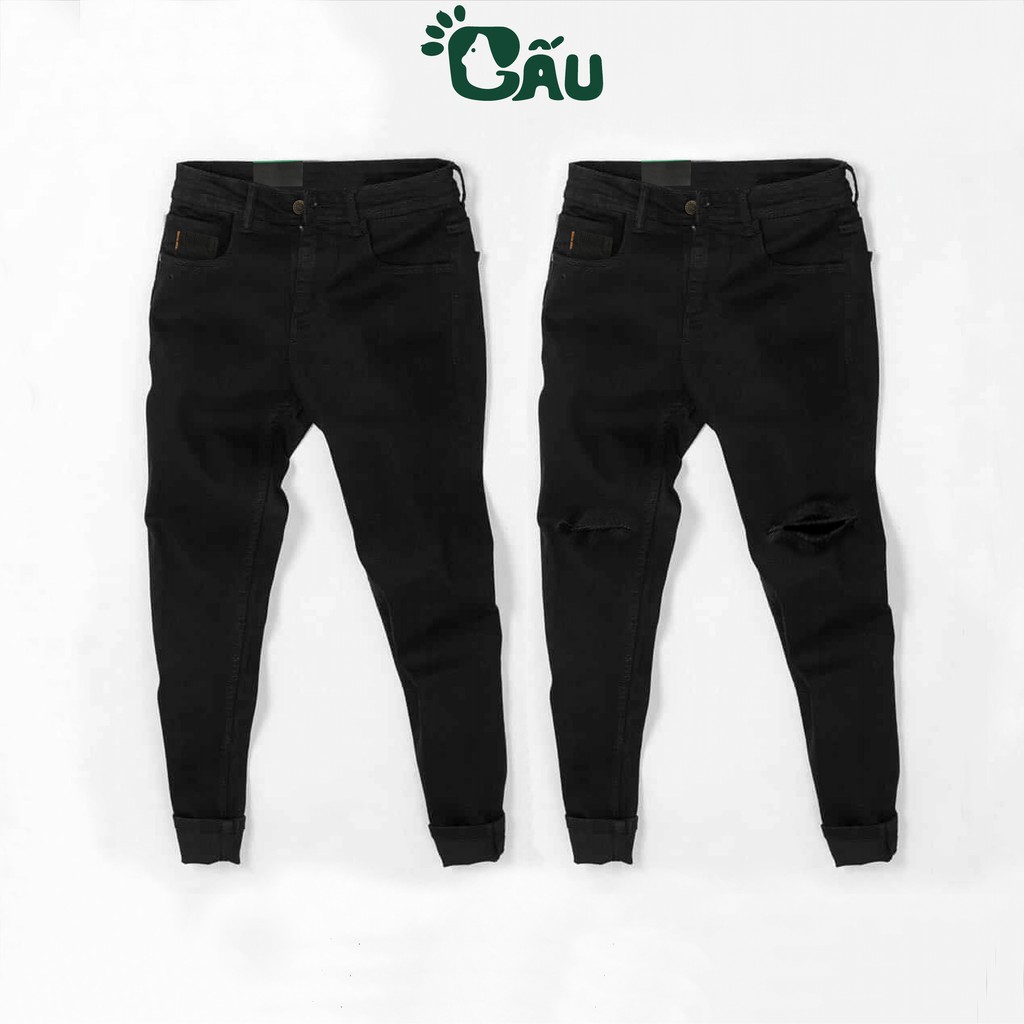 Quần jean nam đen Gấu 194 trơn & rách vải jeans bò cotton duck cao cấp mềm