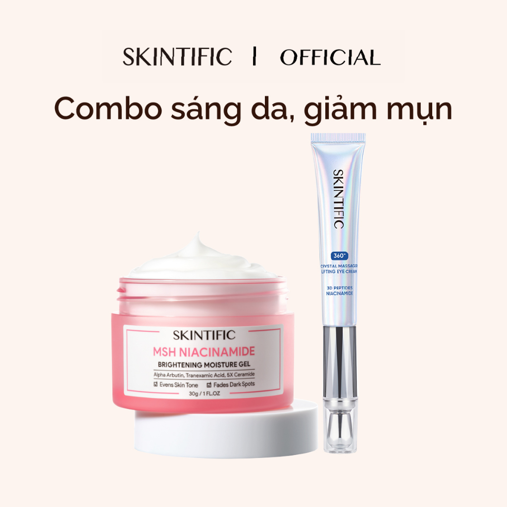 Combo sáng da kem mắt Gel dưỡng ẩm sáng da 5% MSH Niacinamide 30g + Kem mắt đầu pha lê massage 360 độ SKINTIFIC 20g