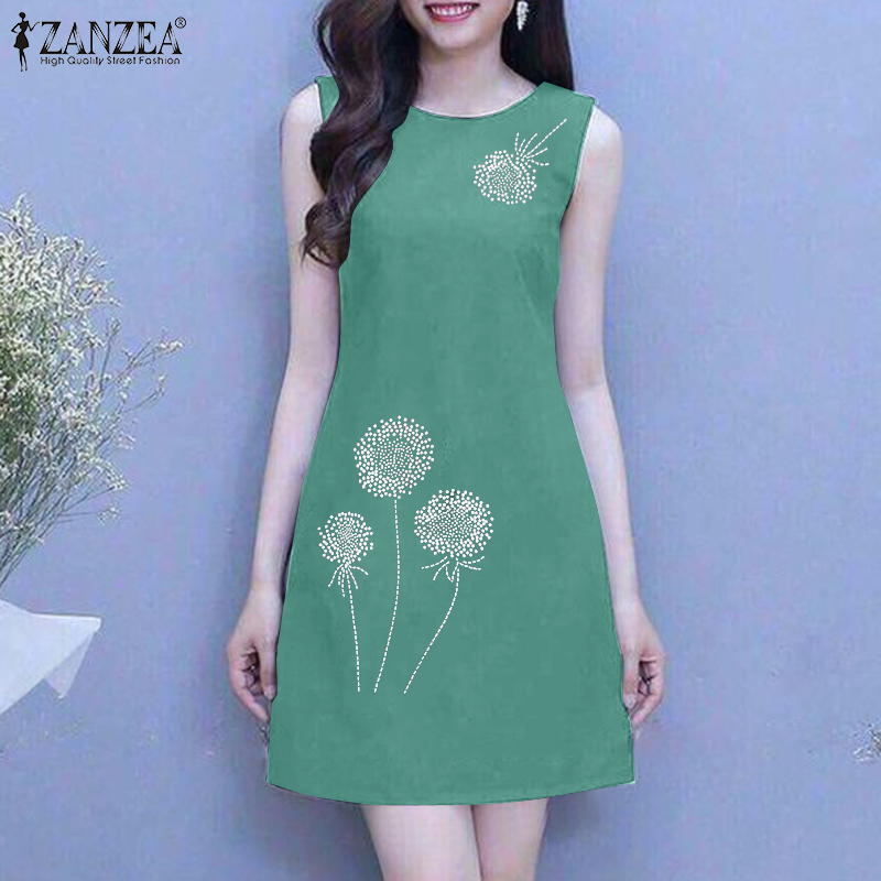 Zanzea phong cách Hàn Quốc ĐầM Nữ ĐầM không tay cổ chữ O Đầm không tay in hoa mini A-line sundress #8