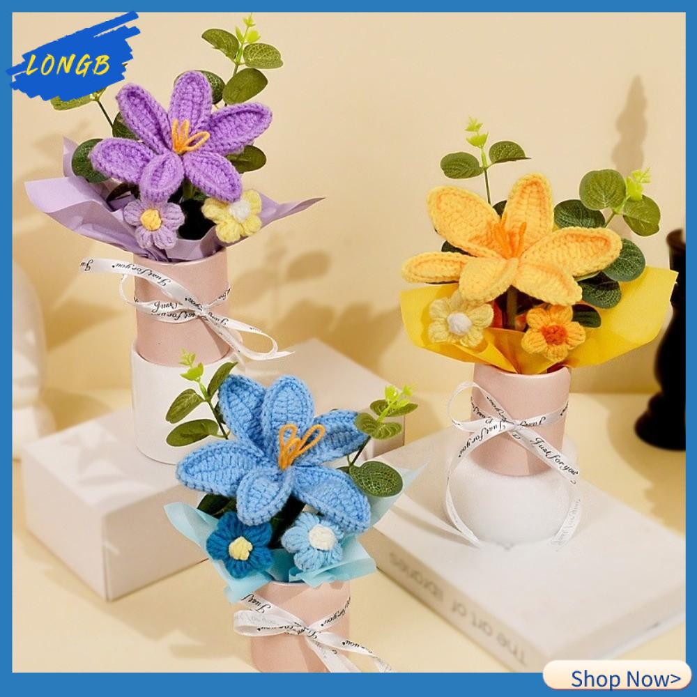 LONGB Xô ôm Bó hoa móc thủ công Hoa Tulip dệt Được làm thủ công Bó hoa tulip đan bằng len Đồ trang trí Độc đáo Trang trí bàn làm việc Quà tặng