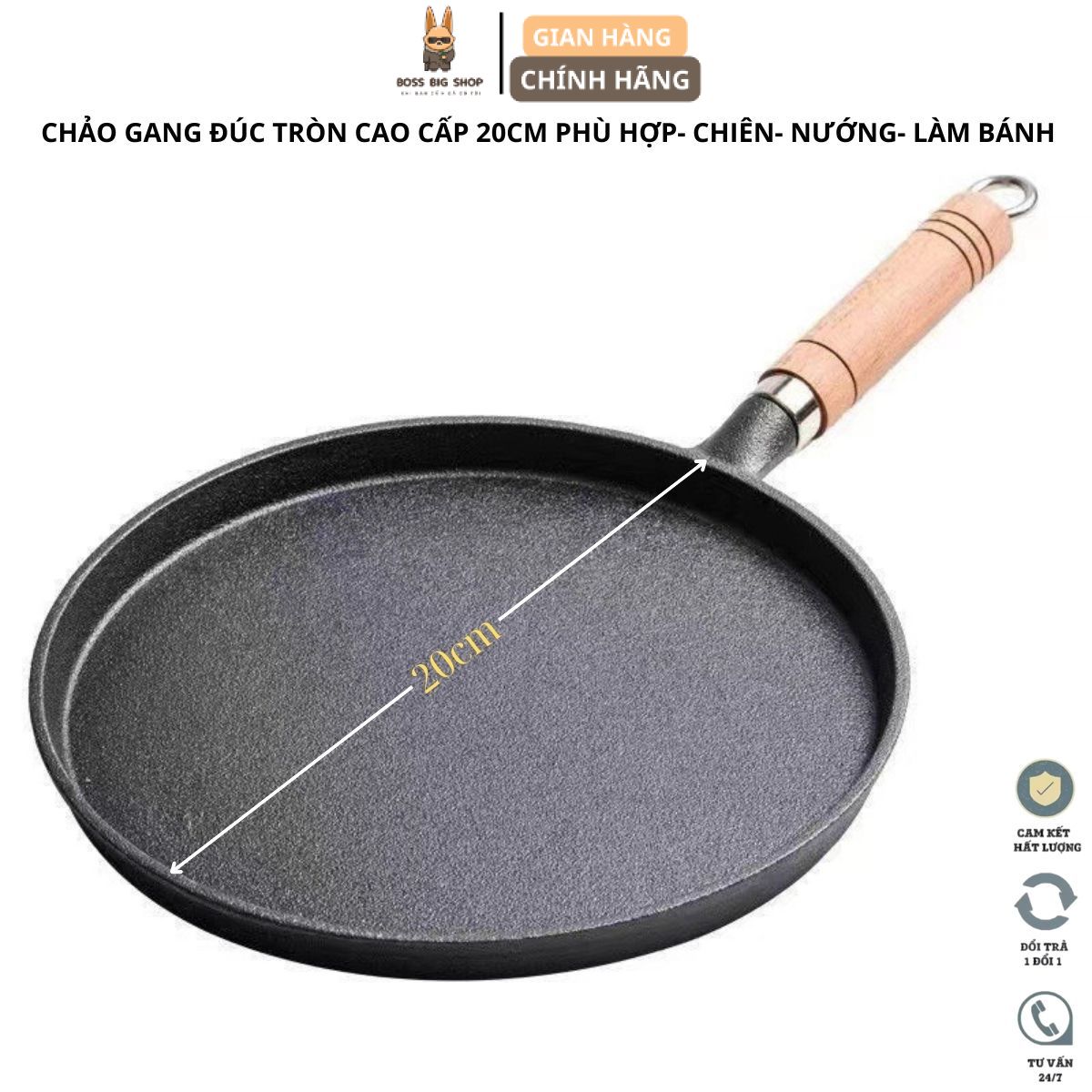 Chảo gang đúc nguyên khối cao cấp đường kính 20cm chống dính tự nhiền phù hợp Chiên rán, Đổ bánh xèo, Nướng bò bít tết