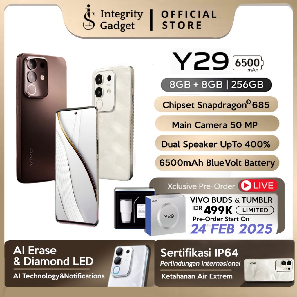 Vivo Y29 RAM 8/256GB Ori seal I NFC I Battery 6500mAh flashcharge I Ai eraser Giá 2,799,000 Đồng*Miễn phí vận chuyển