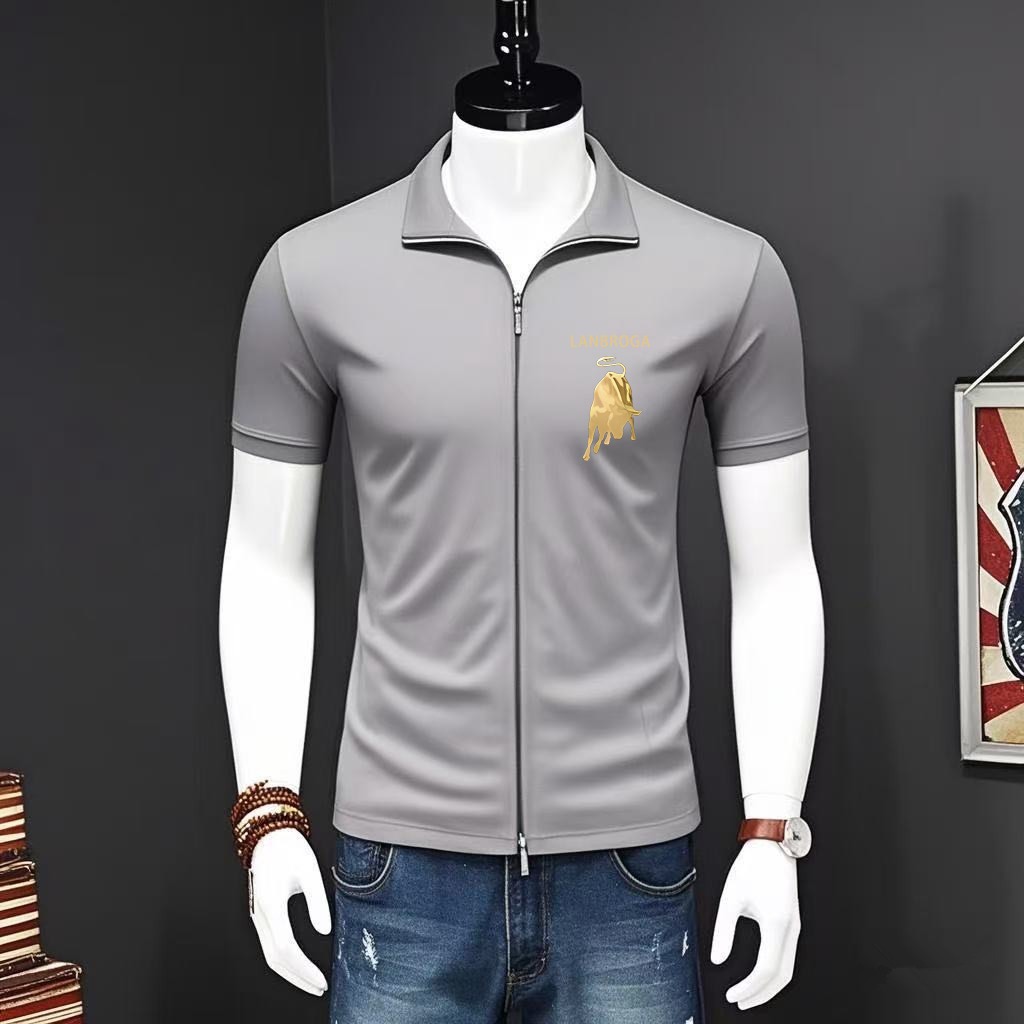 EERSHENSHI Áo Polo Ngắn Tay Nam với thêu bò vàng và đóng cửa dây kéo