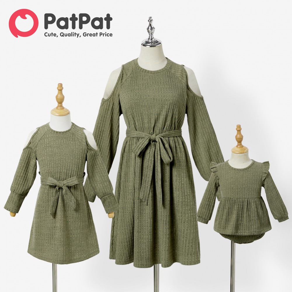 PatPat Mommy and Me Solid Color Cold Shoulder Long Sleeve Knit Dresses