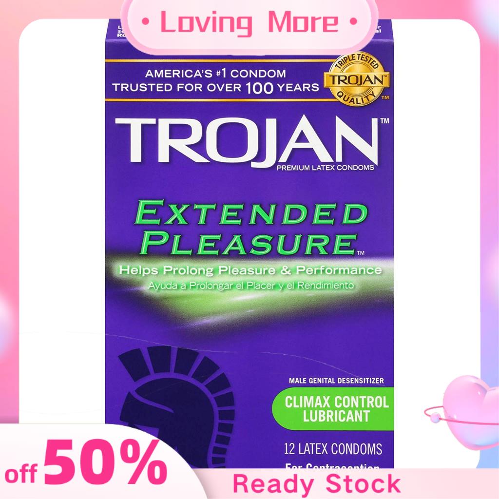 Trojan Extended Pleasure Condoms - Climax Control Lubricant, 12 Pcs,  Discreetly Packed