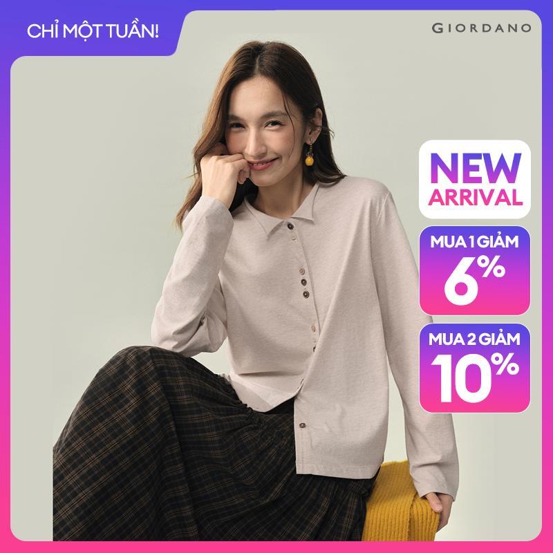 GIORDANO Women T-Shirts Unevenly Spaced Buttons Knit Tee Small Collar Fashionable Casual Relaxed T-Shirts 18326635