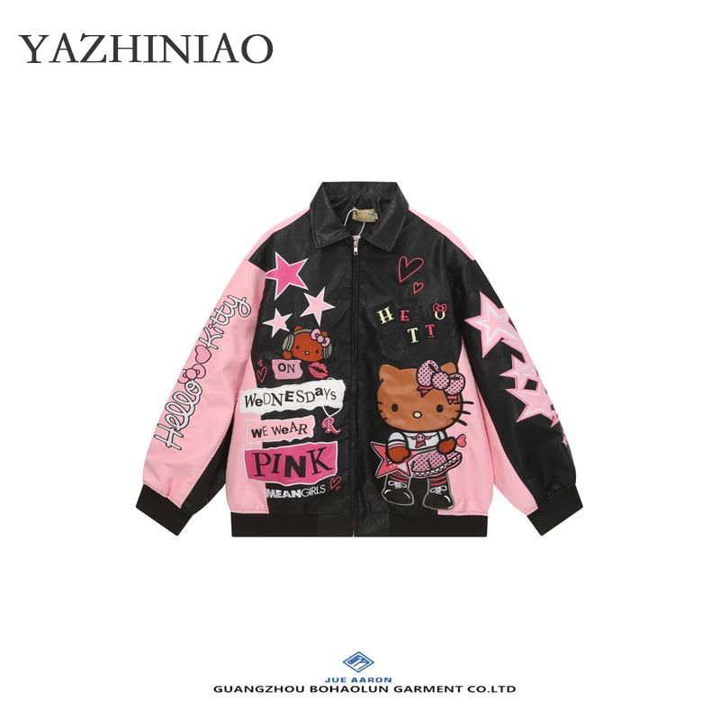 Retro Hello Kitty Thêu Màu Khối Áo Khoác Bomber Cho Unisex, Ấm Cúng Bông Đầy Giản Dị áo khoác ngoài mùa đông Với Ngọt Ngào Sắc sảo Thiết Kế