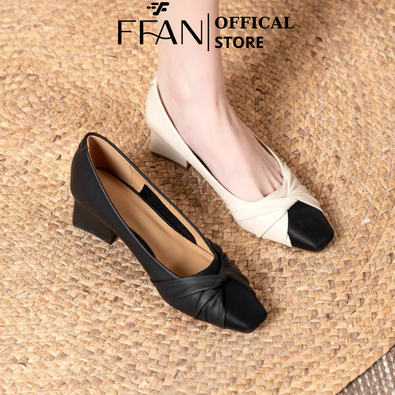 Giày nữ đế vuông mũi vuông mềm mại, cao gót bít mũi 4 phân nơ xoắn màu đen trắng FFAN STORE