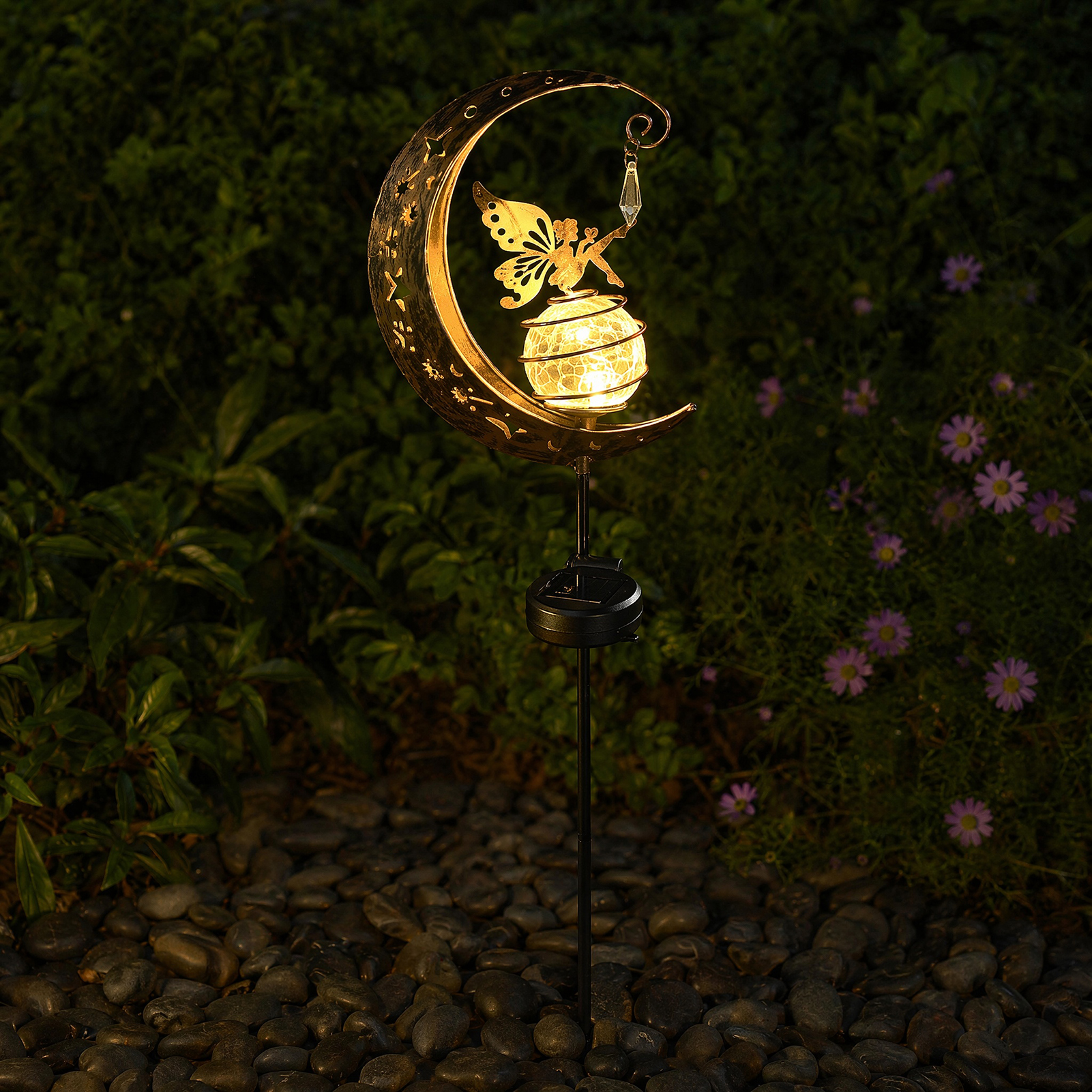 Hummingbird Moon Solar Garden Stake Light – Waterproof LED Pathway Decor With Crackle Glass Ball For Lawn, Patio & Walkway
