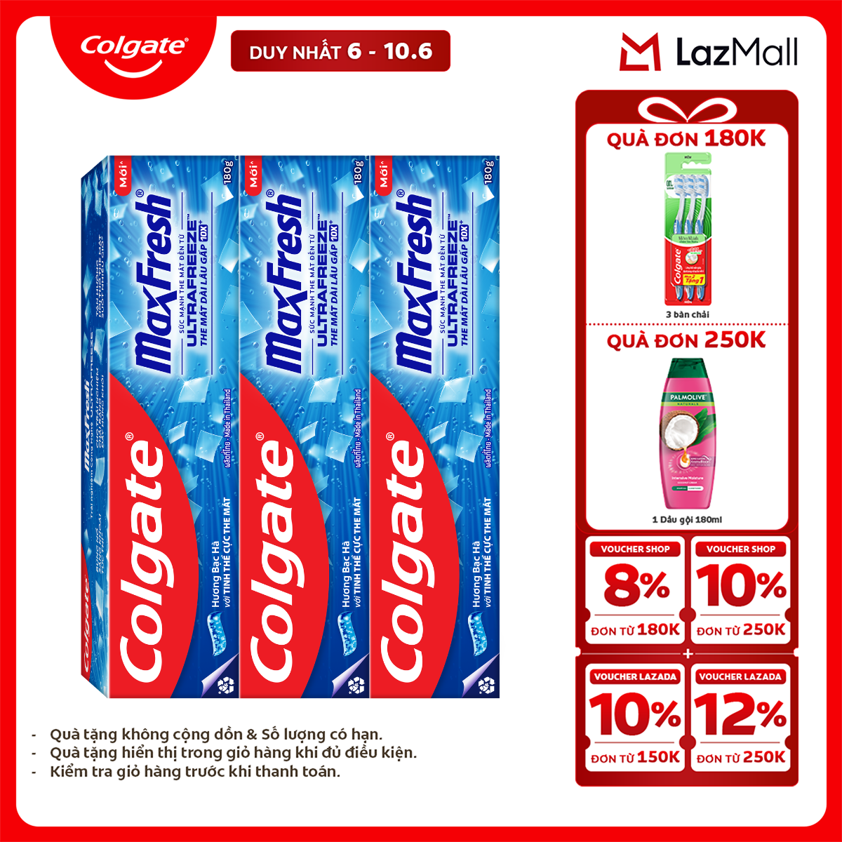 [Chỉ 6-10.6_X2 Voucher giảm 22%] Bộ 3 Kem đánh răng Colgate MaxFresh ULTRAFREEZE the mát gấp 10X 180g/tuýp