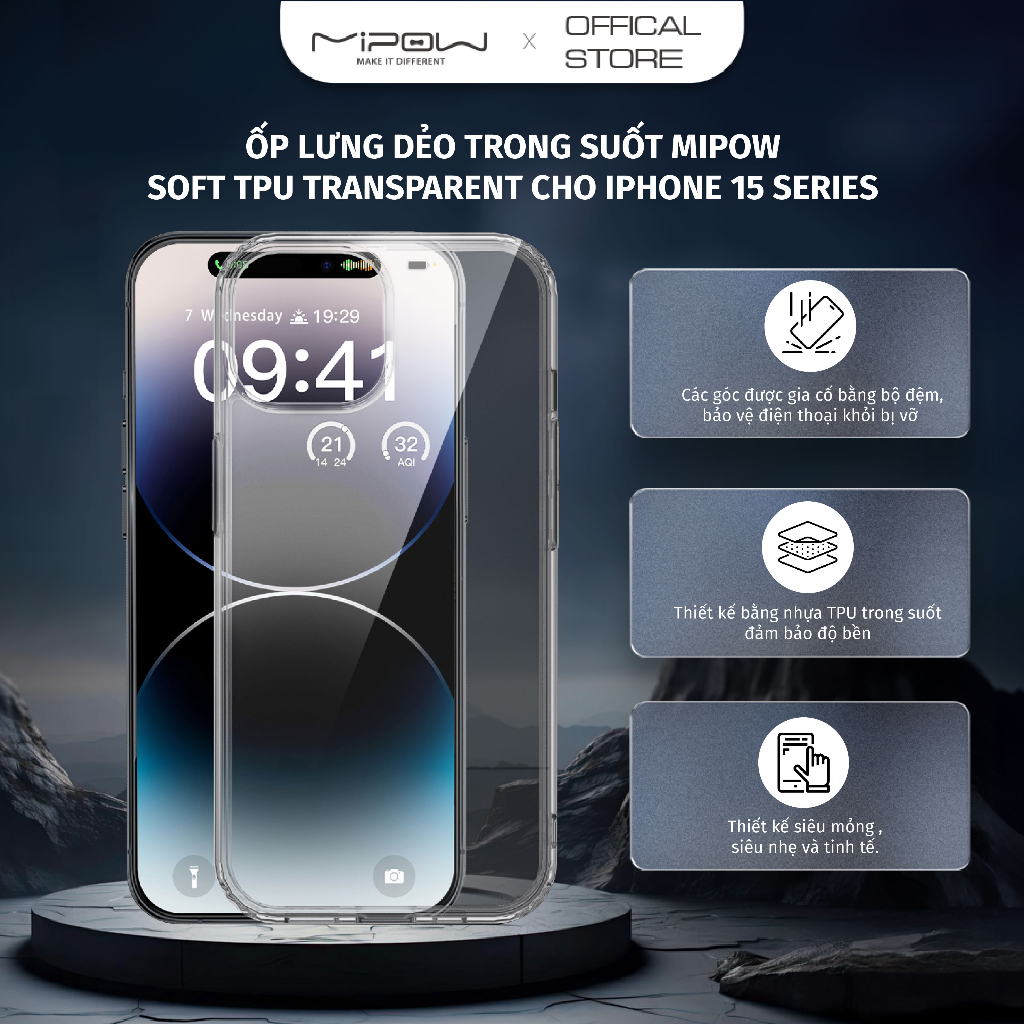 Ốp lưng dẻo trong suốt MIPOW Soft TPU Transparent cho iρhone 15 Series - Hàng Chính Hãng