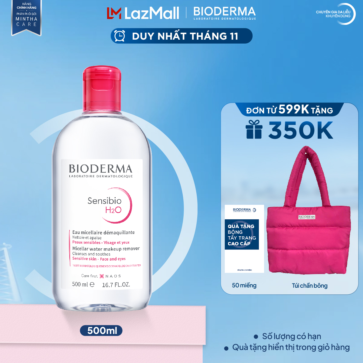 Dung dịch làm sạch và tẩy trang micellar cho da thường và da nhạy cảm Bioderma Sensibio H2O - 500ml