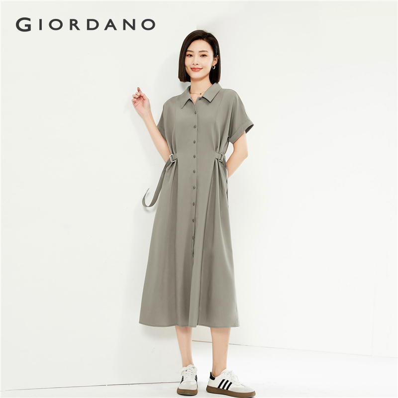GIORDANO Women Dresses Waist Belts Shirt Dresses Button Closure Short Kimono Sleeve Simple Fashion Casual Dresses 05465315 - ยี่ห้อ Giordano ราคา 1,345 บาท*ส่งฟรี