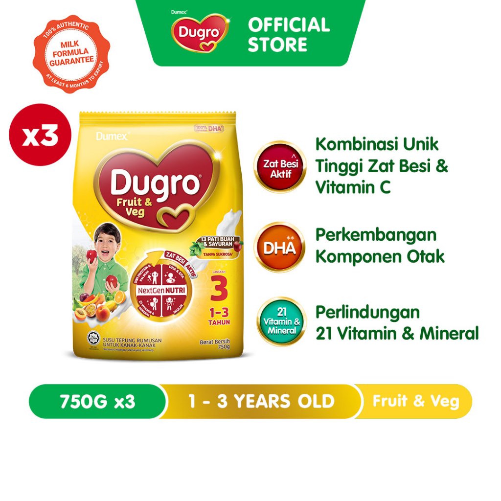 【hot sale】[Exp 23 Mar 2029 &/ Later] Dumex Dugro 3 - Fruit & Veg (750g x 3)