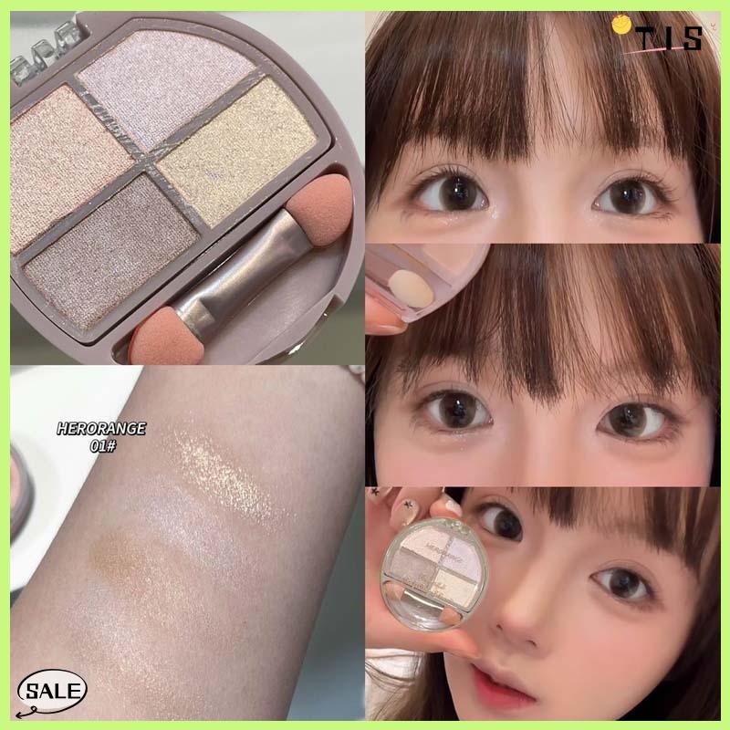Follow Get New【TIS】 Herorange 4 màu bóng mắt bột Palette lung linh long lanh tự nhiên mí mắt Tằm Đường viền bóng Bút kẻ mắt trang điểm với bàn chải - 3
