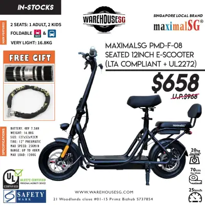 *FREE GIFT* MAXIMALSG PMD-F-08 UL2272 Certified Electric Scooter LTA Compliant