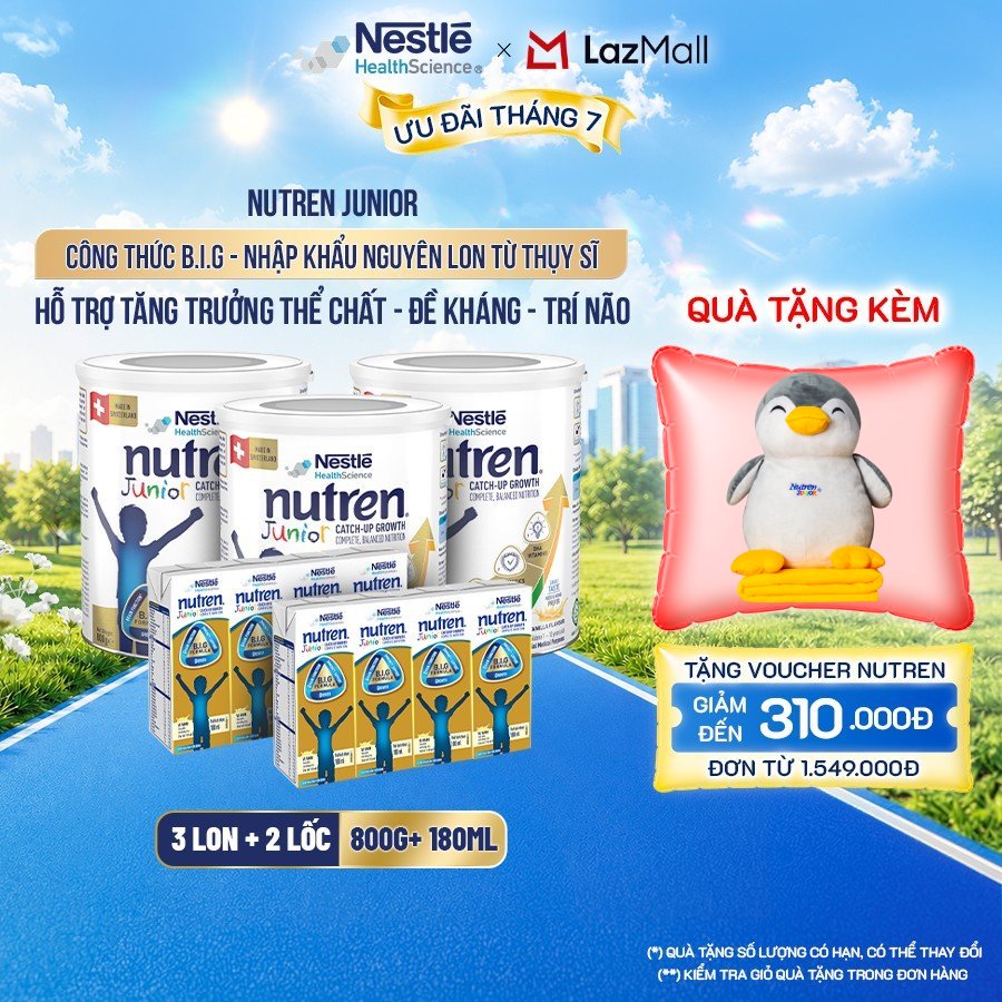 Bộ 3 Sữa Bột Dinh Dưỡng Y Học NESTLÉ NUTREN JUNIOR Xuất Xứ Thụy Sĩ Công Thức BIG Hỗ Trợ Tăng Trưởng Thể Chất,Trí Não,Đề Kháng Cho Bé 800G + 2 Lốc Sữa pha sẵn 180ML/hộp