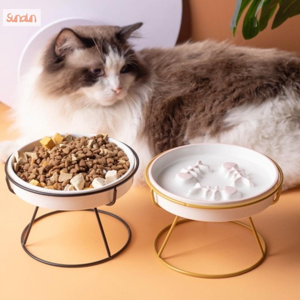 SUNDUN Bảo vệ cổ Bát ăn cho thú cưng bằng gốm nâng cao Chân cao  phẳng Bát ăn chậm Phụ kiện uống rượu Đường kính lớn Bát đựng mèo đứng Cho ăn ngoài trời
