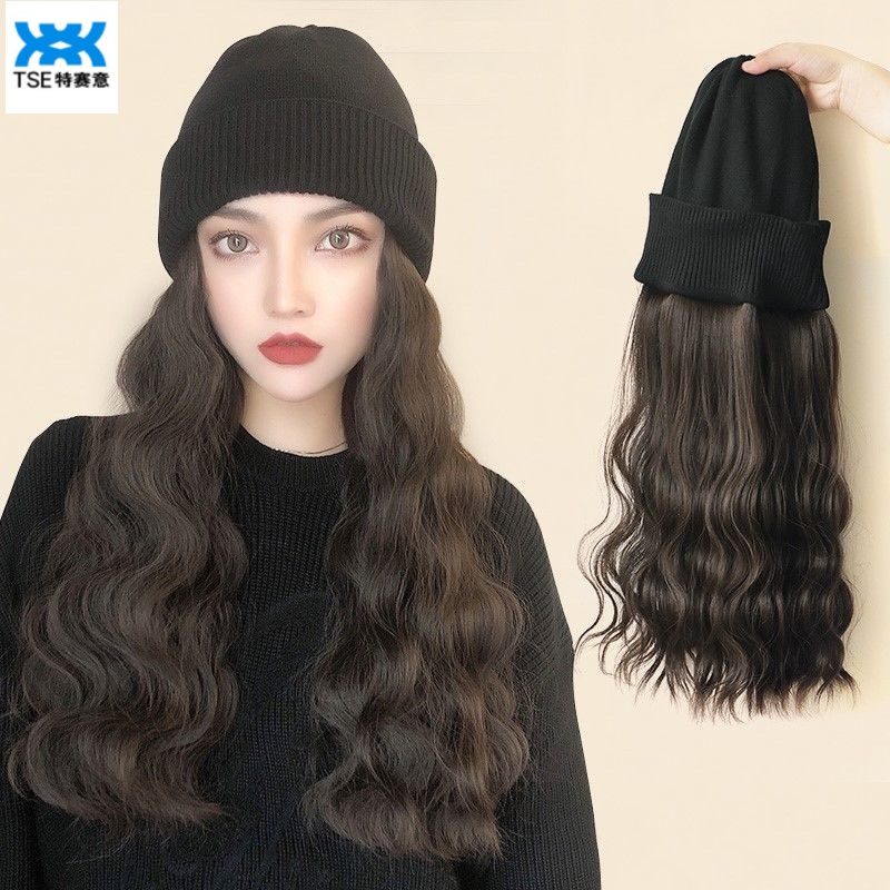 Tóc Giả TSE, tóc dài nữ, mũ, tóc giả, Mũ len mùa thu và mùa đông thời trang, lưới len xoăn, tóc xoăn dài đỏ, Kn-200 che kín đầu