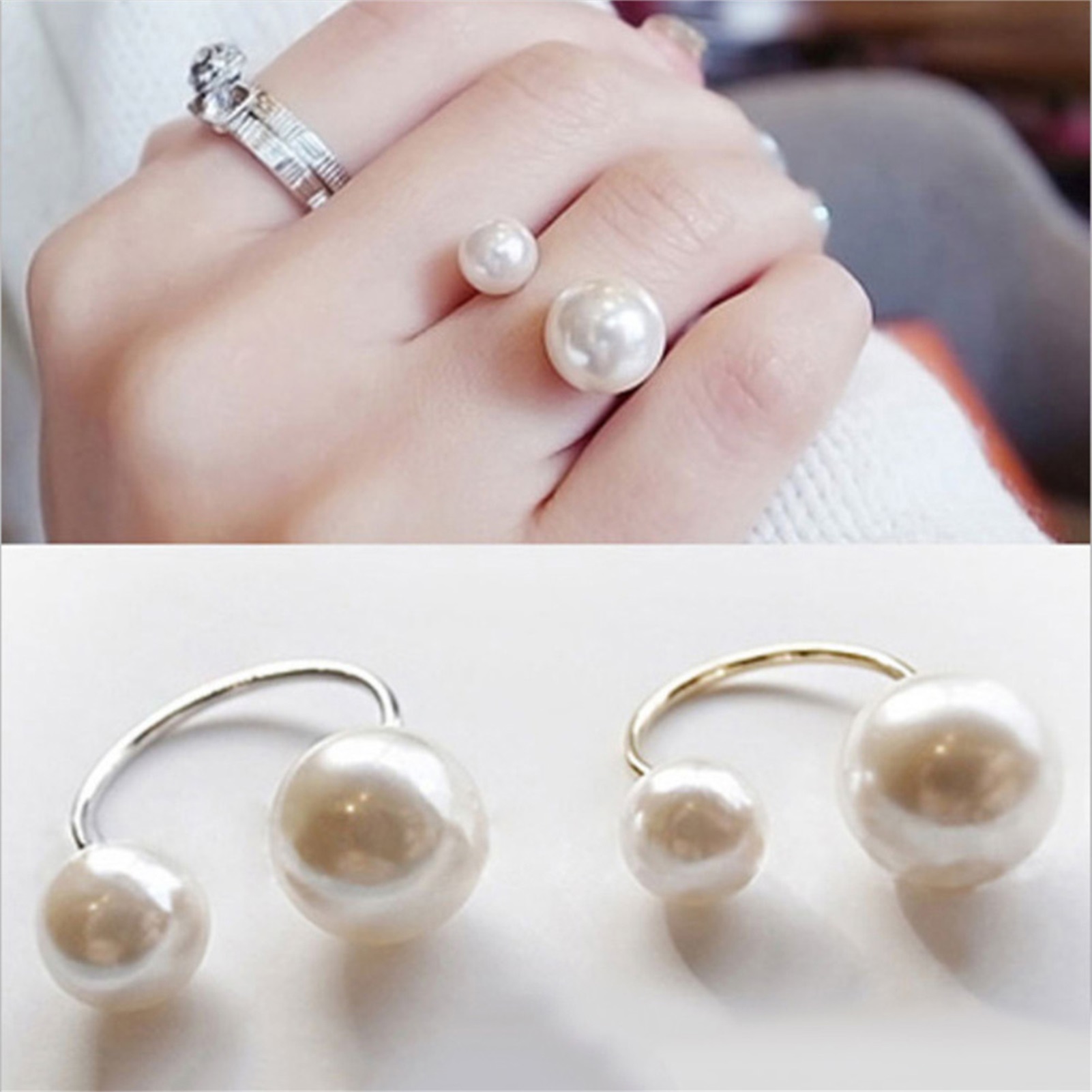 Gmbi thời trang nữ Hai ngọc trai giả Mở Nhẫn đeo ngón tay hợp kim Đồ Trang Sức Quà Tặng Cho tiệc cưới Không-Phai Phai Không-Phai Phai
