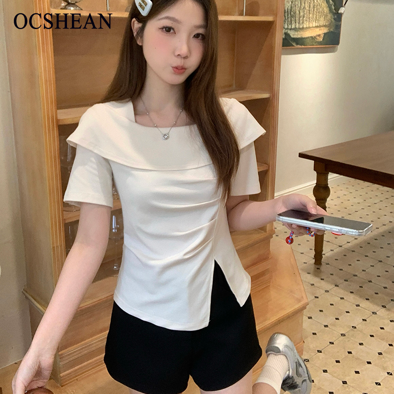 OCSHEAN เสื้อผ้าฤดูร้อนแบบใหม่สำหรับสาวอวบเสื้อผู้หญิงไซส์ใหญ่สไตล์ฝรั่งเศสคอเหลี่ยมเรียบแหวก ราคา 133 บาท*ส่งฟรี