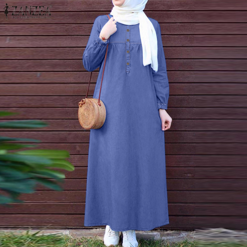 Hijabfab ZANZEA Muslimah ĐẦM cho phụ nữ hồi giáo thường ngày lỏng đồng bằng ĐầM Maxi Tay áo phồng O-cổ sundress #1014