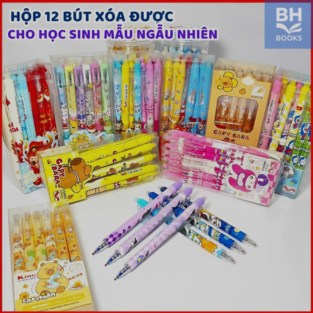 HỘP 12 Cây Bút Viết Gel BẤM TẨY XÓA ĐƯỢC Ngòi 0.5mm - Mực Xanh / Tím, Ngòi Êm, Mực Đẹp 【𝘽𝙖𝙤 𝙃𝙖𝙣 𝘽𝙤𝙤𝙠𝙨】