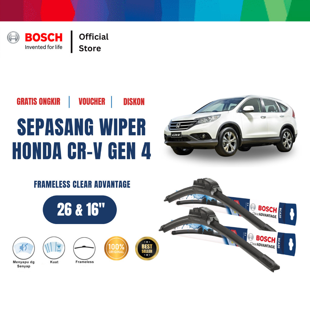 Bosch Sepasang Wiper Mobil Honda CRV Gen 4 Frameless Clear Advantage 26 dan 16 Inci Harga 203,235 rupiah*Gratis Ongkir