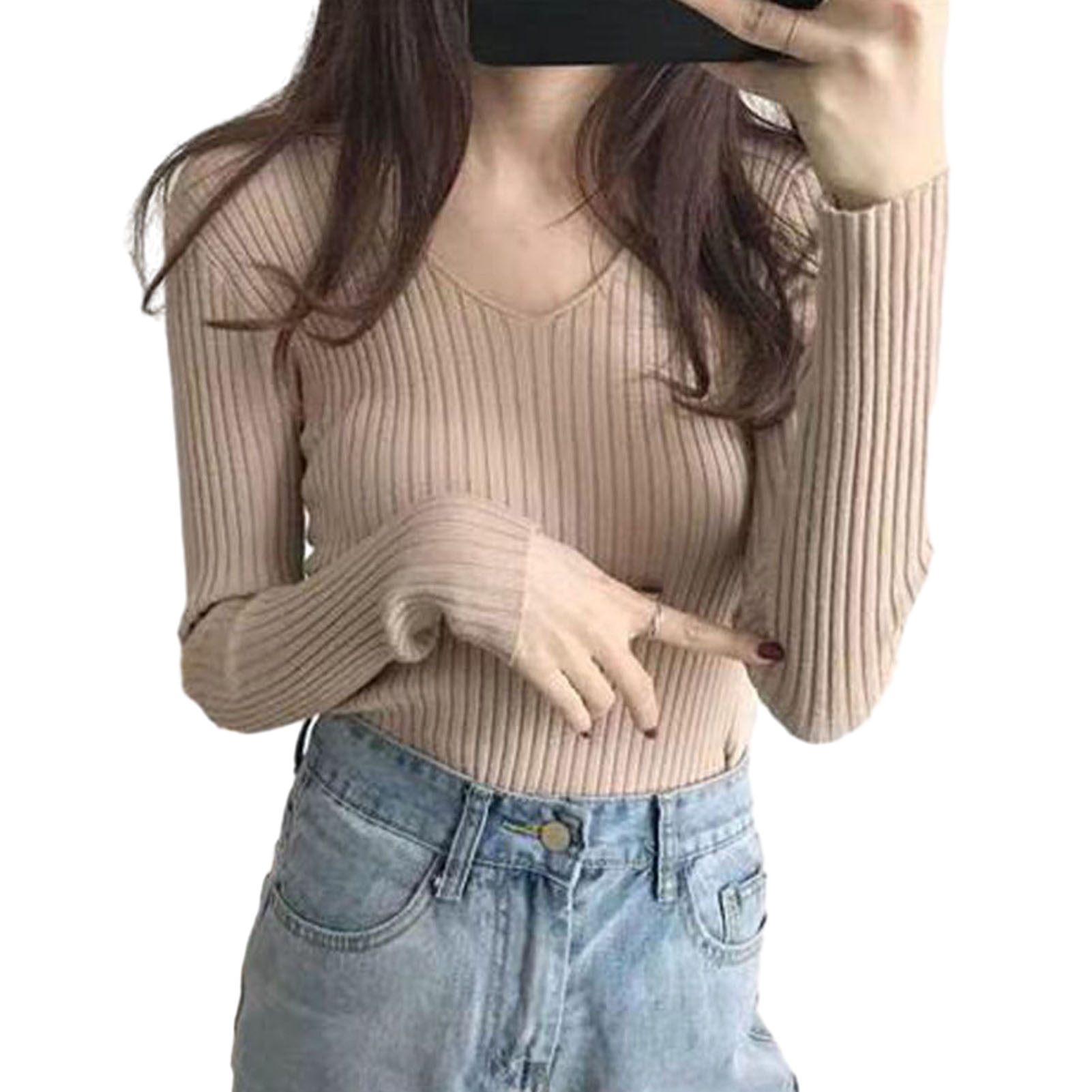 Mùa Thu áo đan nữ thoáng khí Top v-Cổ Áo len dệt Cho Phụ Nữ Mềm Mại Đàn Hồi Mùa Thu/Áo chui đầu mùa đông Trong màu thuần Tay áo dài ôm vừa Đáy Top