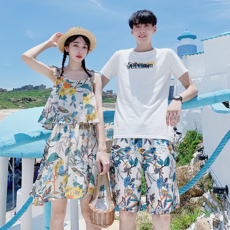 ~ [Spot] Lover's Island-Bãi biển Holiday Wind Couple Summer Suspender Dress Áo thun hai mảnh Bộ quần áo cặp đôi ngắn tay đồ bộ đôi