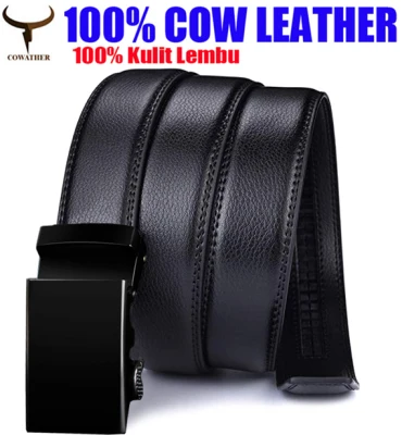 COWATHER Men Ratchet Leather Jean Belt with Automatic Lock Buckle, 1 3/8 Wide, Adjustable Dress Belt for Men