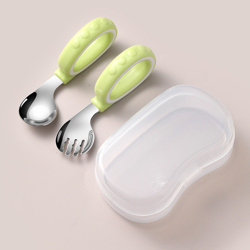 Baby Curved Learning Fork Spoon Set 2Pcs Silicone Handle 316 Stainless Steel Self Feeding Training Cutlery