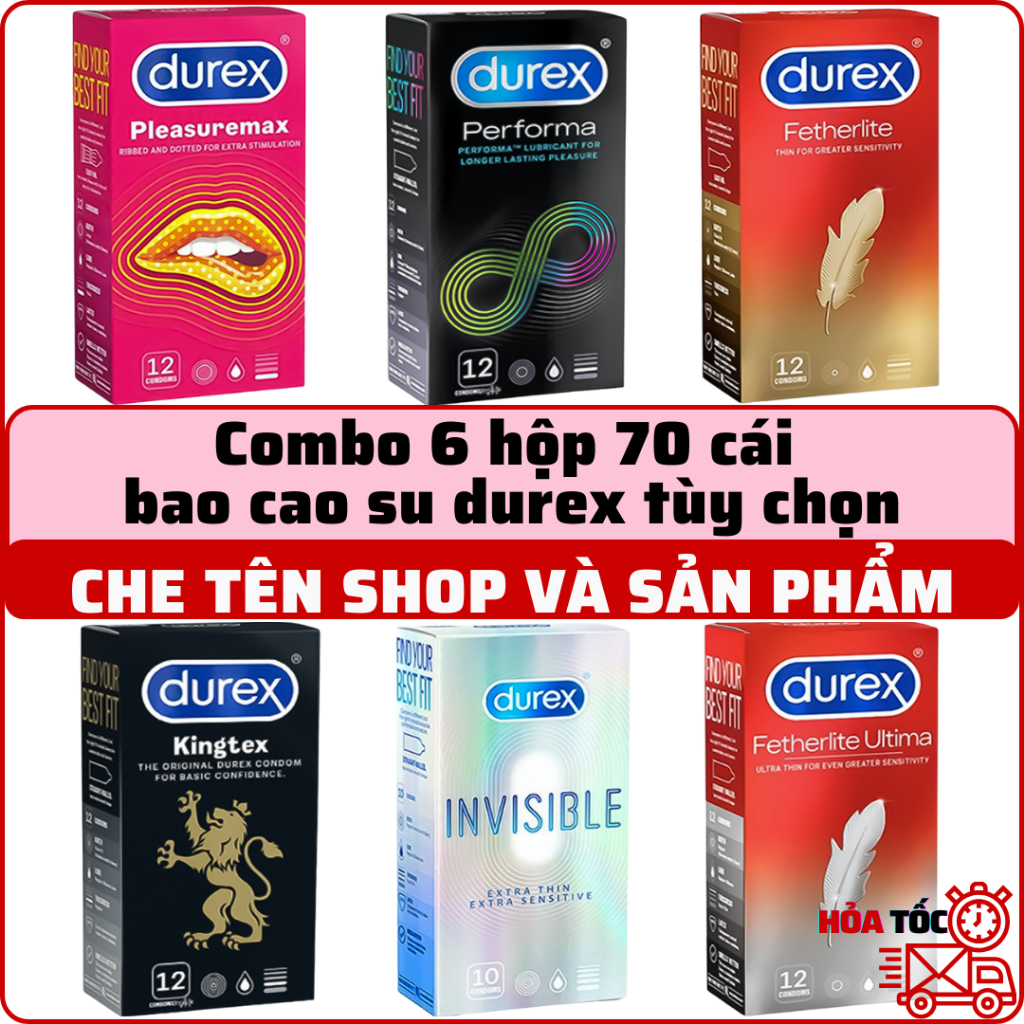 (che tên) Combo 6 hộp 70 bao cao su Durex pleasuremax durex invisible performa fertherlite kingtex