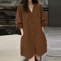 VONDA Korean Style Women Fashion V-Neck Button Overalls Half Sleeve Single-Breasted Commute Versatile Jumpsuits #1201