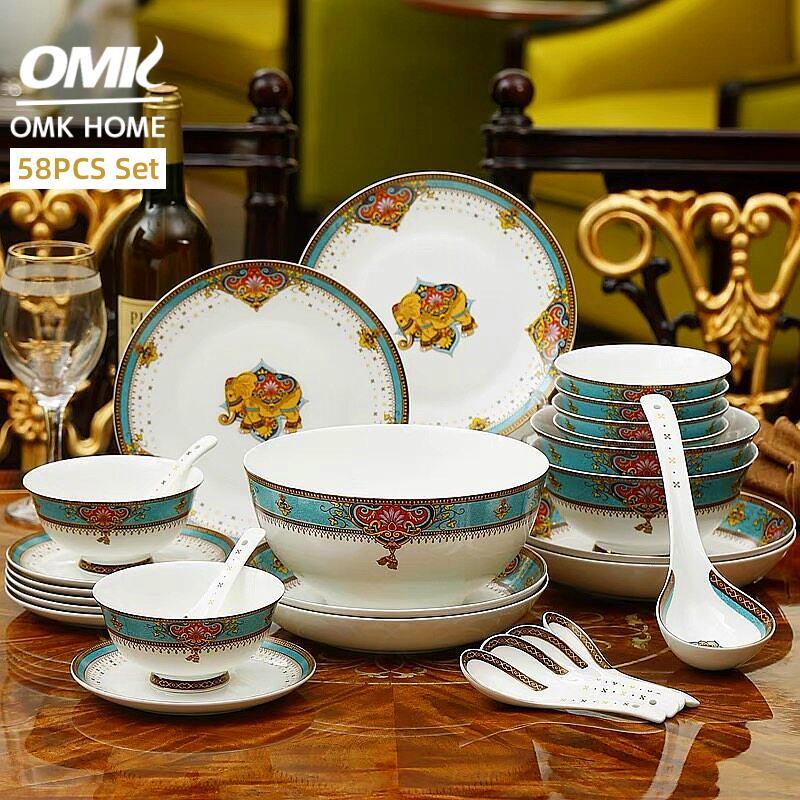 OMK 58PCS Set European Luxury style Bone China Party Tableware set Ceramic Dinner Plate Big soup bowl Suitable for 10 persons ราคา 11,941 บาท*ส่งฟรี