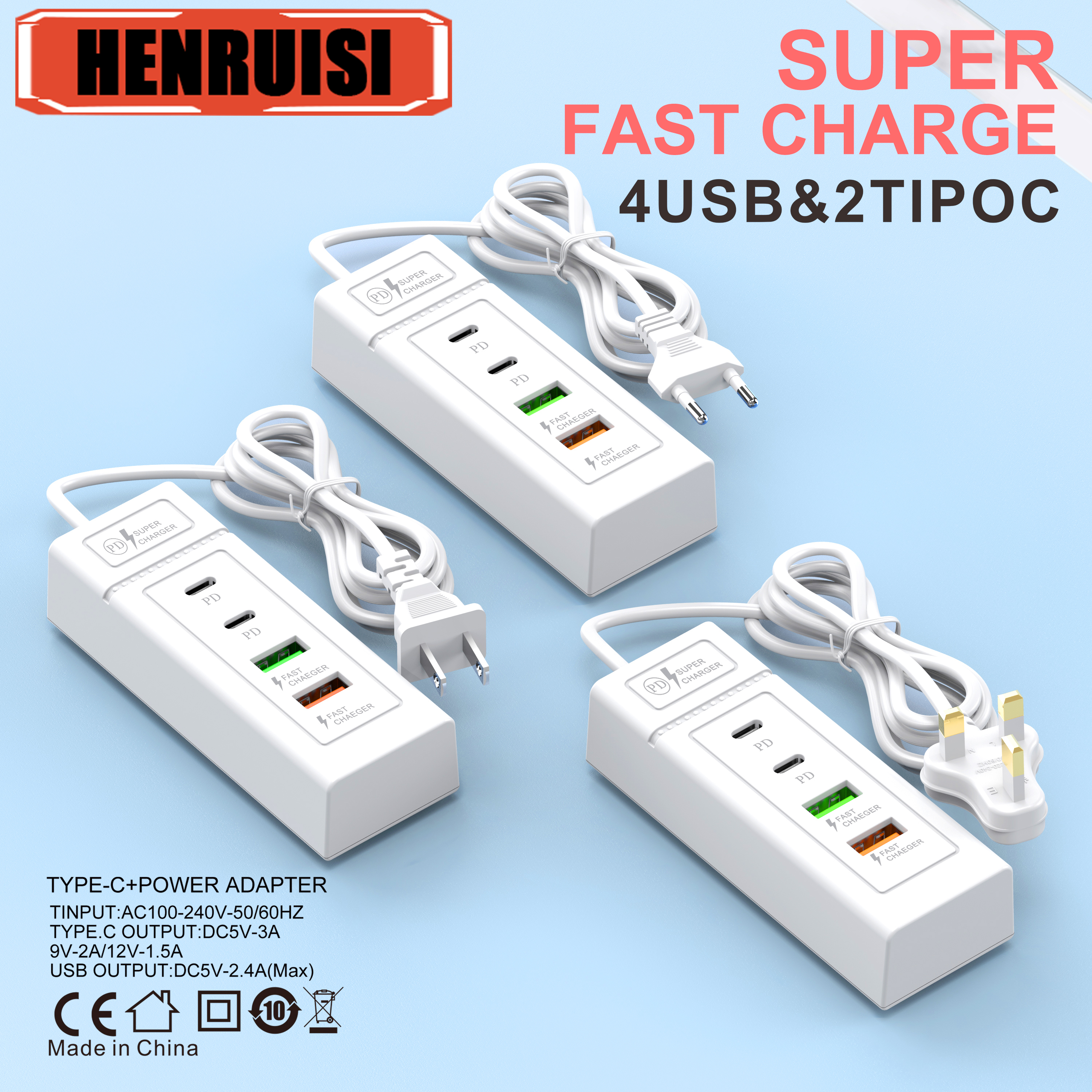 【100%-New】 USB Plug Power Strip Charger Station Splitter 5V4A USB TYPE C 3.0 Fast Charger Phone Char