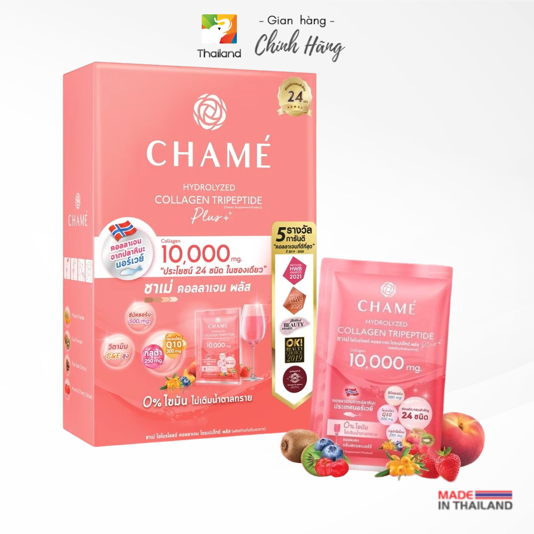 Bột uống bổ sung Collagen CHAMÉ Hydrolyzed Collagen Tripeptide Plus 10.000mg Thái Lan