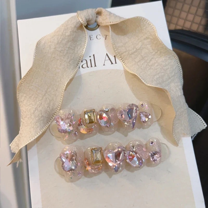 【support】 10pcs Handmade Short Shiny Rabbit Rhinestones Designs Nails Ballet Press On Nalis Square K