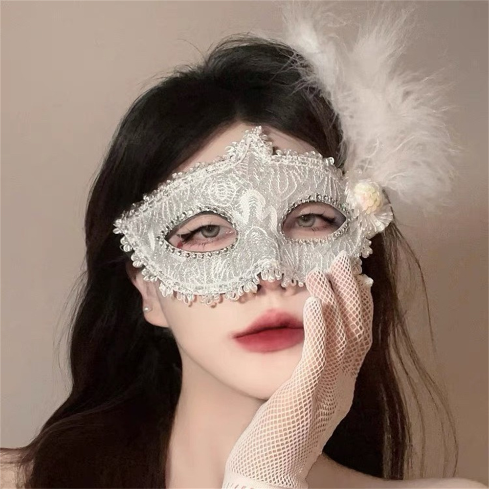 Floral Decorated Masquerade Delicate Lace Trimmed Lightweight Half Face Feather Adorned Half-Face Princess for Halloween Wedding Party Performance Costume Event