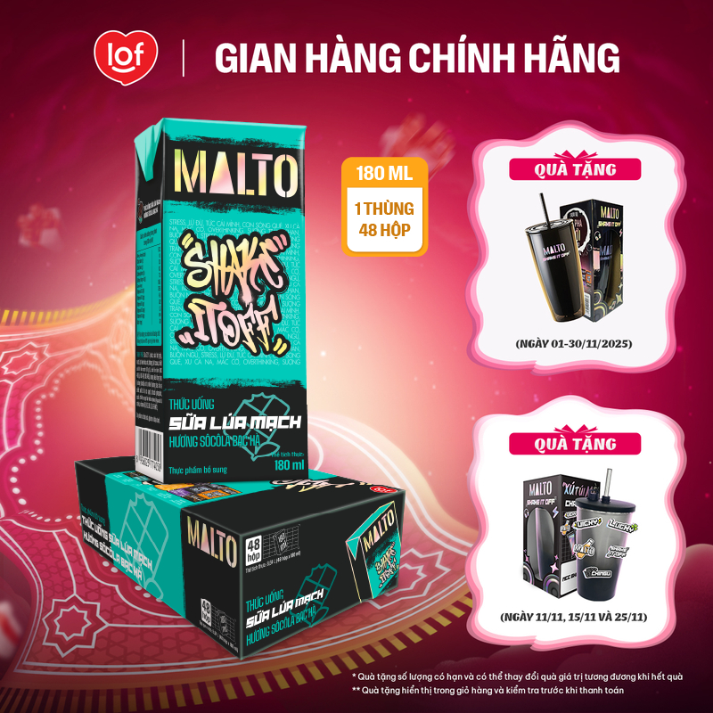 Sữa lúa mạch MALTO Shake It Off  hương sôcôla bạc hà thùng 48 hộp x 180ml