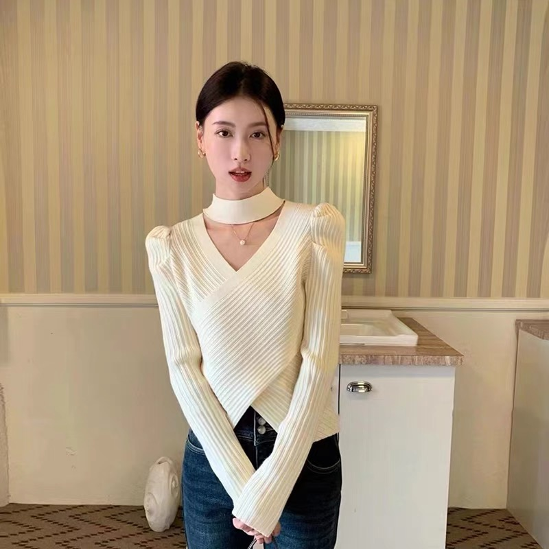 Phong cách Hàn Quốc Halterneck Hollow Áo len cổ chữ V cho phụ nữ 2022 phong cách mới Tây Slim Áo len dài tay