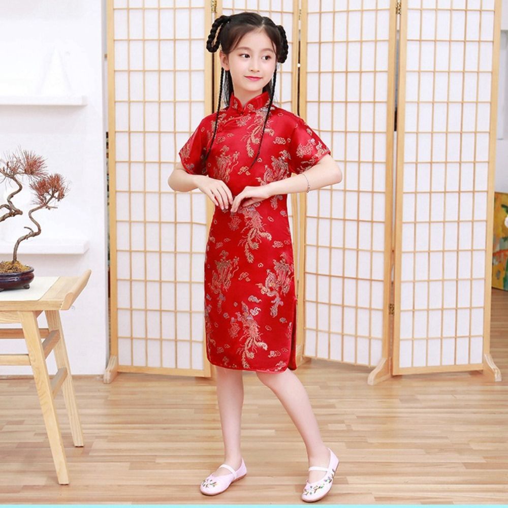 ZM6J3J Tinh tế Hoài cổ Cổ điển Thiết kế thích hợp Họa Tiết Rồng Phượng Hoàng Lụa Thoải mái Mùa hè Váy bé gái Sườn xám bé gái Váy qipao truyền thống cho trẻ em Đầm phong cách Trung Quốc - 4