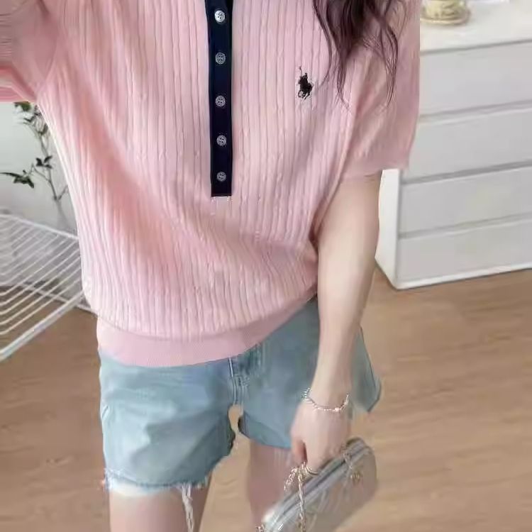 Thêu logo ngựa nhỏ phong cách cao cấp, không đóng cọc, kim lụa, cô gái dệt, Áo polo đa năng mùa hè, áo nữ