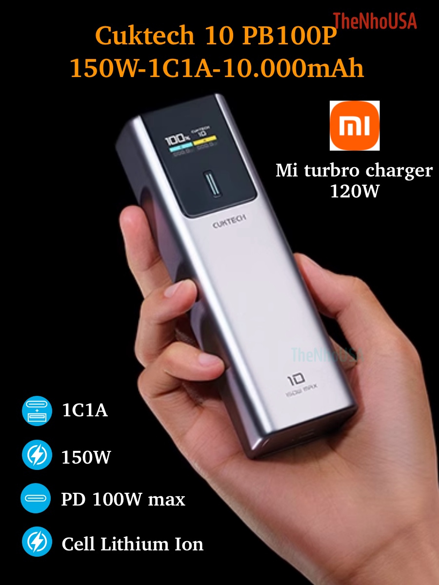 Pin sạc dự phòng 150W ZMI Cuktech 10 PB100P 10000mAh 1C1A Max PD 100W PPS 5A Mi Turbro charger 120W