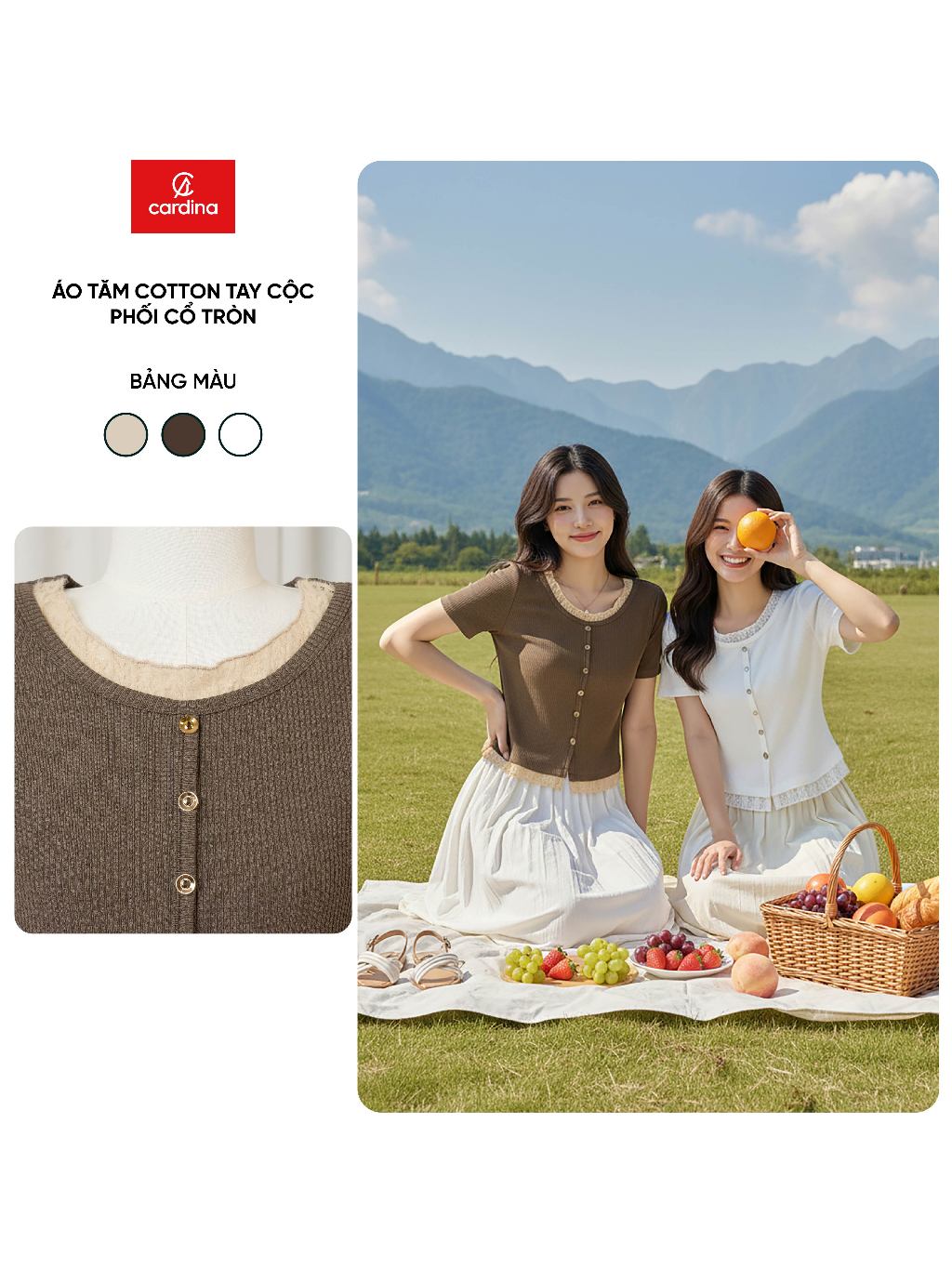 Áo thun nữ CARDINA chất tăm cotton cộc tay phối cổ tròn 6AFC01
